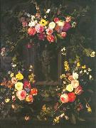 Jan Philip van Thielen Garland of flowers surrounding Christ figure in grisaille Spain oil painting artist
